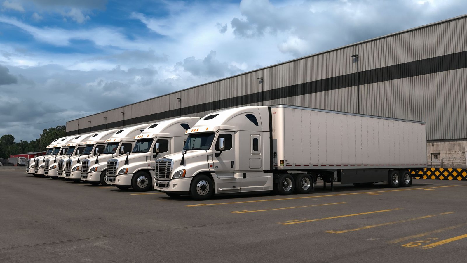 Commercial fleet trucks lined up in fresh, uniform branding after a rebrand